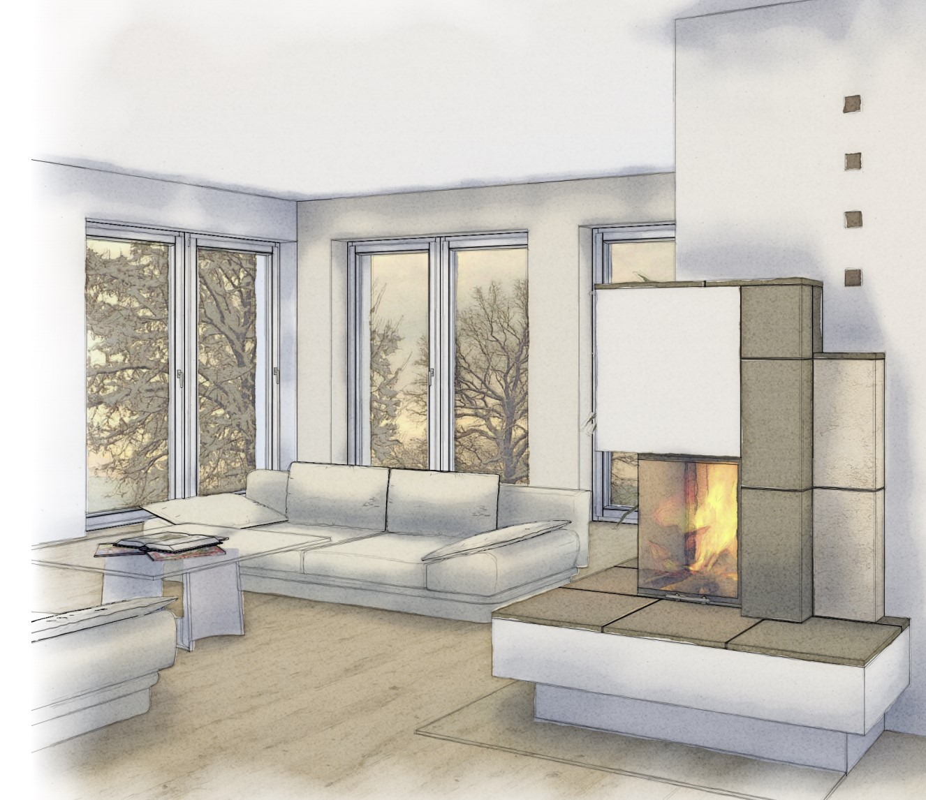 Zeichnung: individuelle Planung einer Feuerstätte im Wohnraum